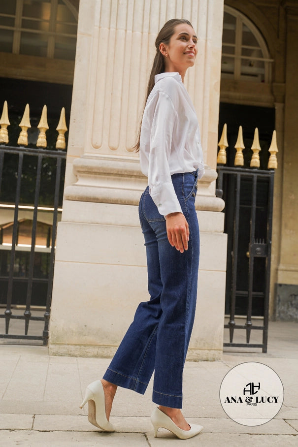 Women's wide leg jeans - Side button closure - LOUISE