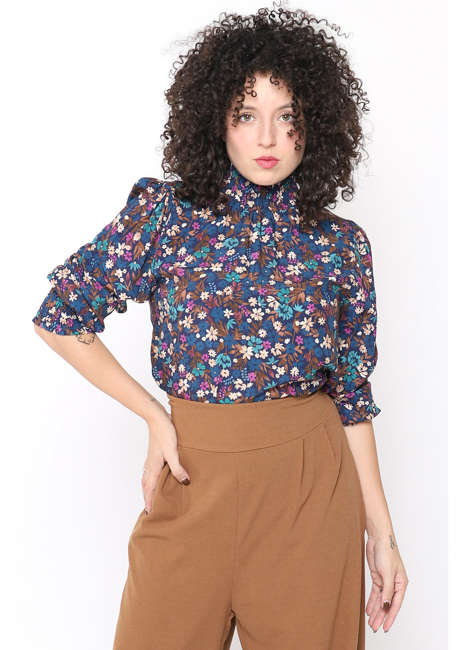 Blusa stampa floreale collo alto plissè