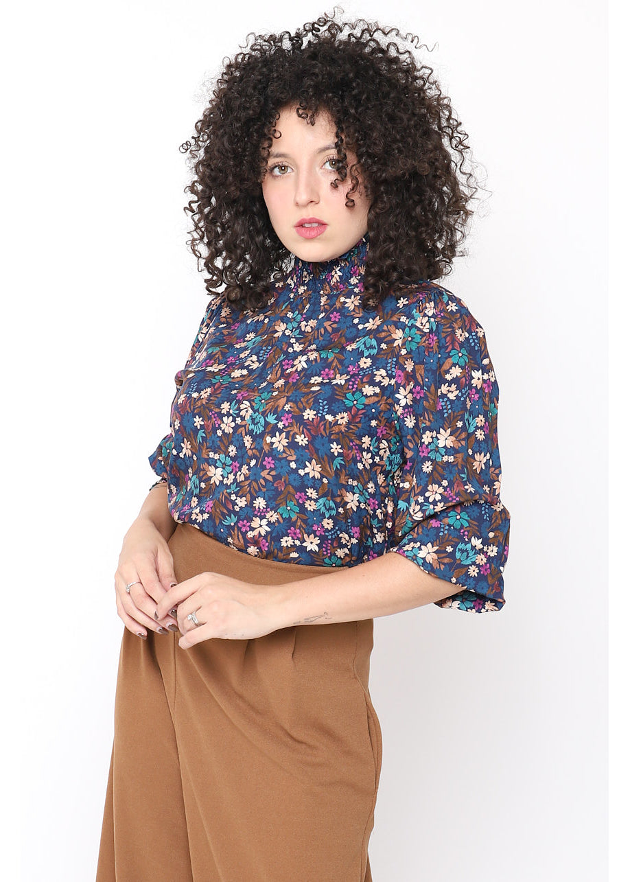 Blusa stampa floreale collo alto plissè