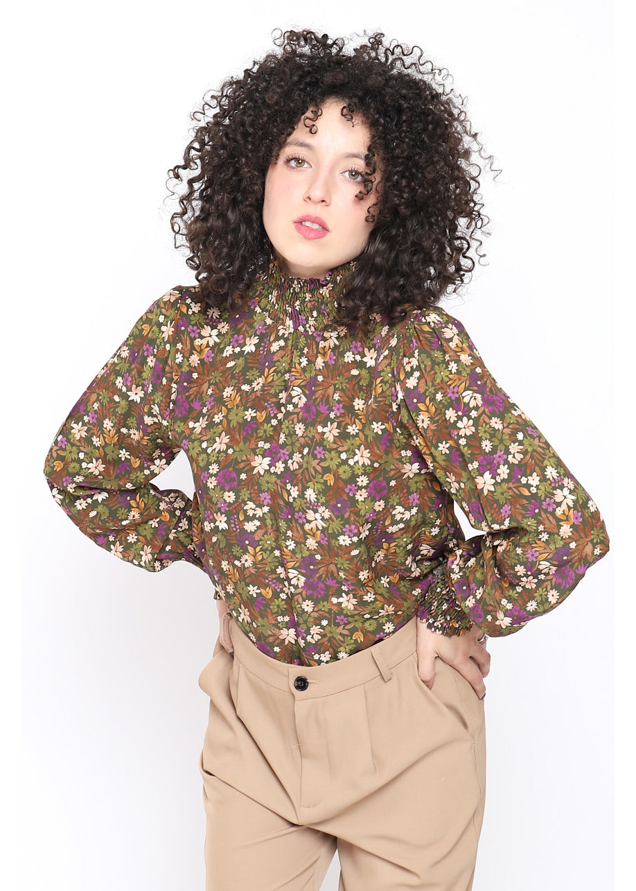 Blusa stampa floreale collo alto plissè