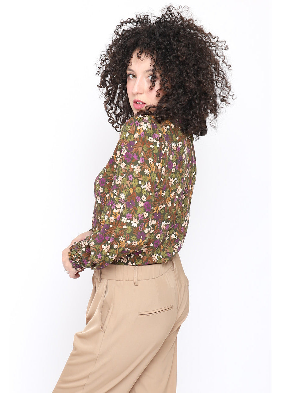 Blusa stampa floreale collo alto plissè