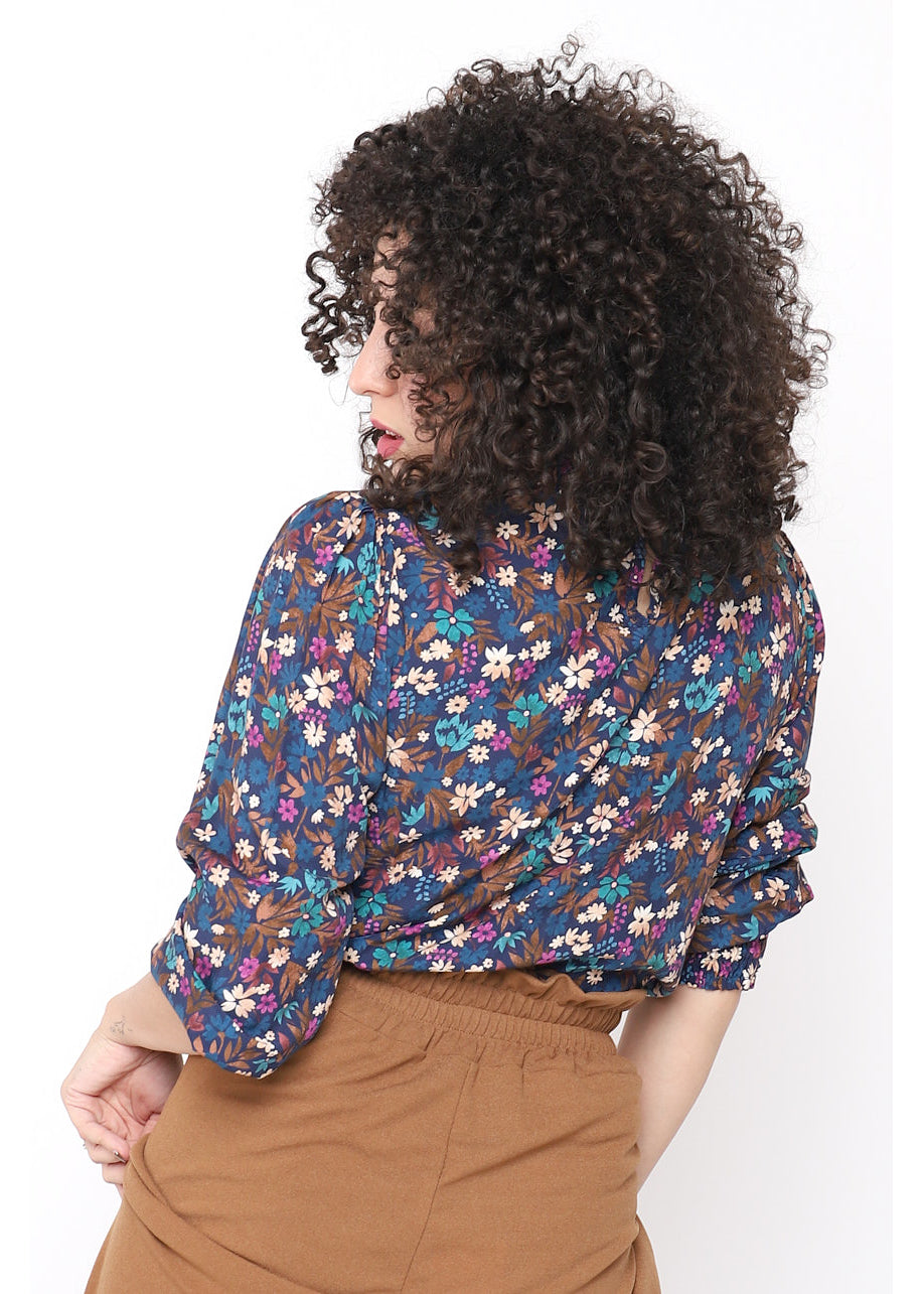 Blusa stampa floreale collo alto plissè