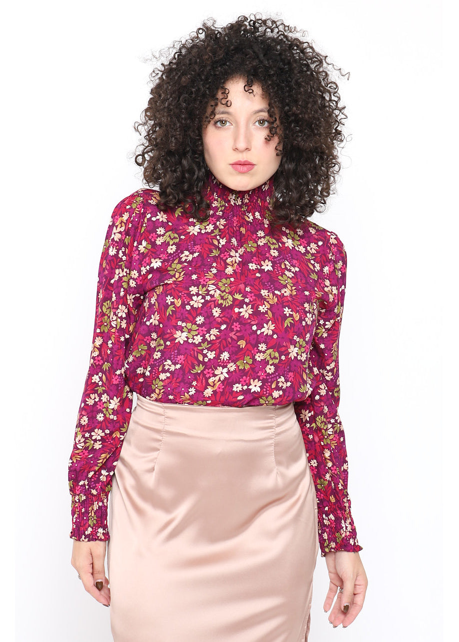 Blusa stampa floreale collo alto plissè