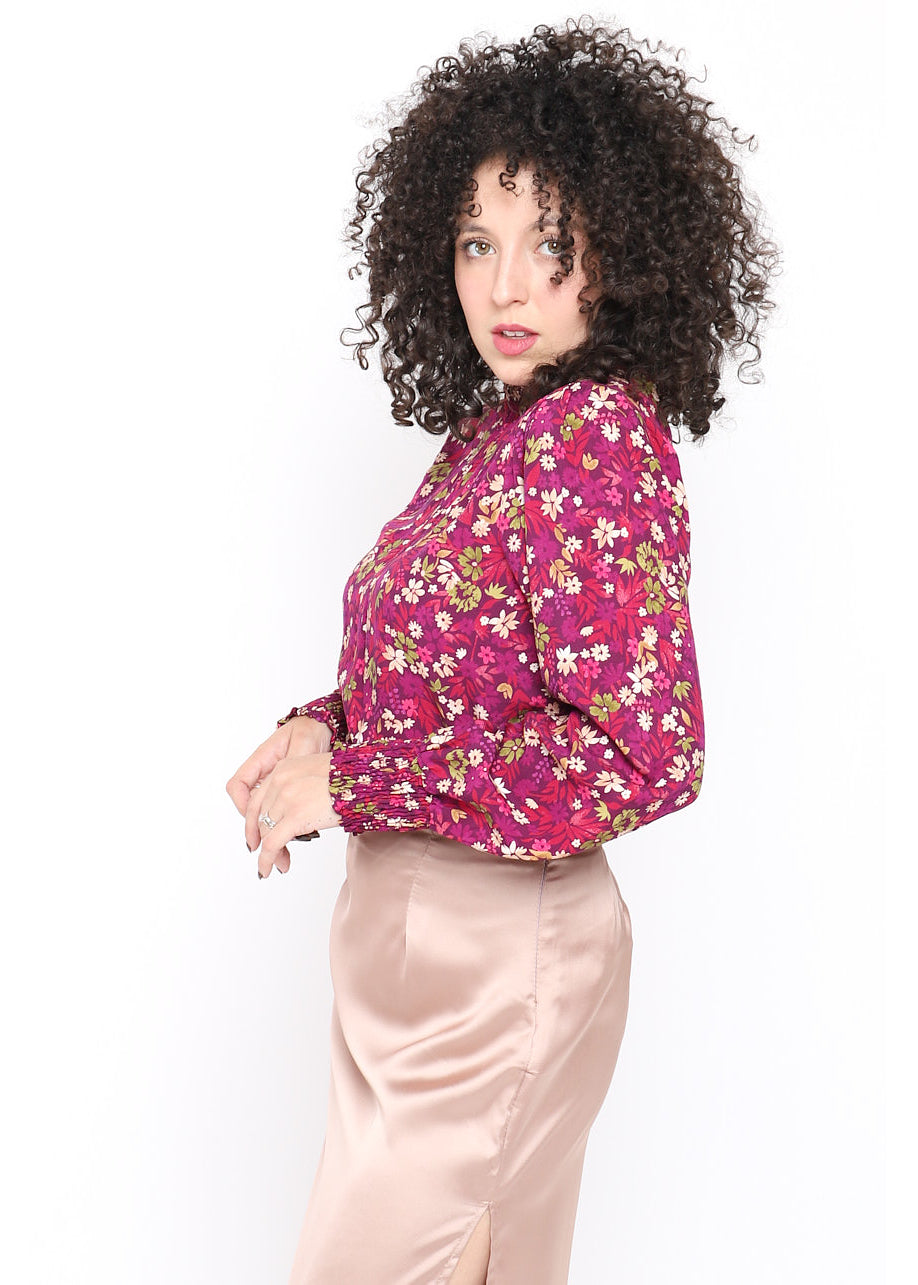 Blusa stampa floreale collo alto plissè