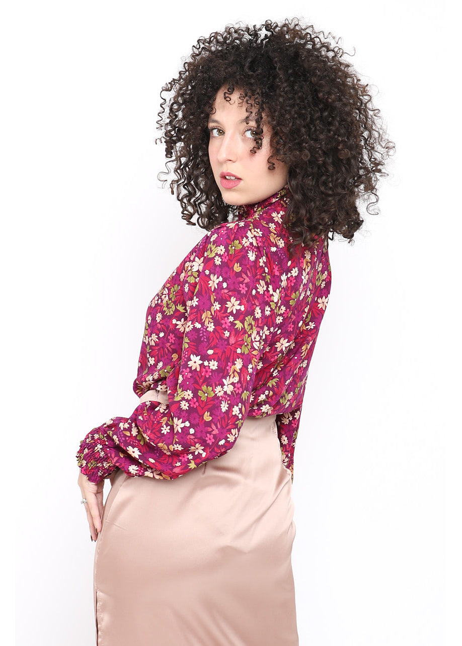 Blusa stampa floreale collo alto plissè