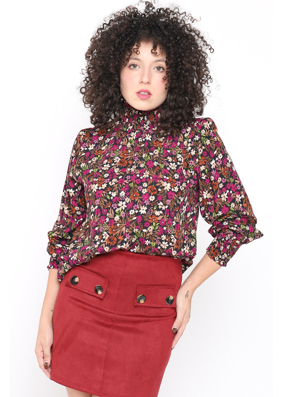 Blusa stampa floreale collo alto plissè