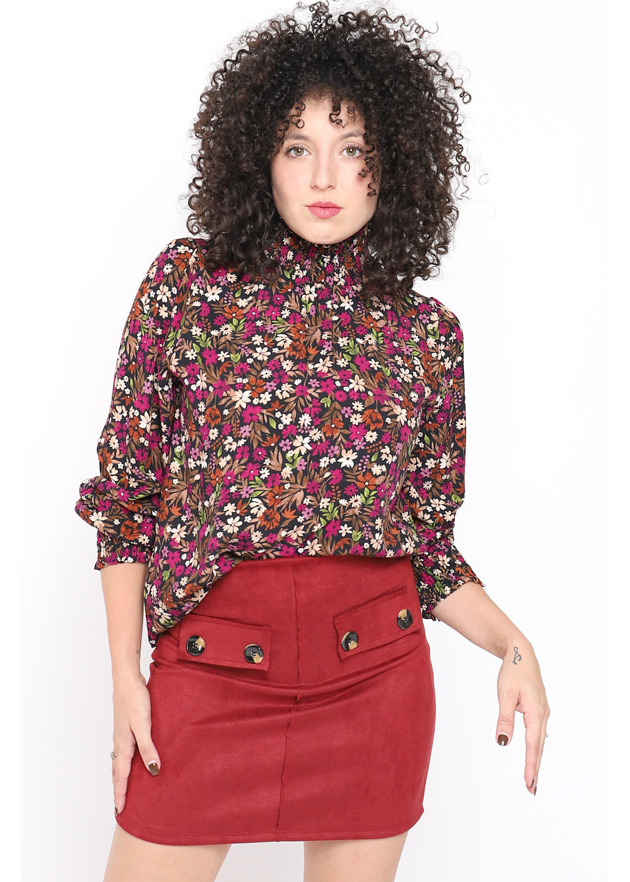 Blusa stampa floreale collo alto plissè