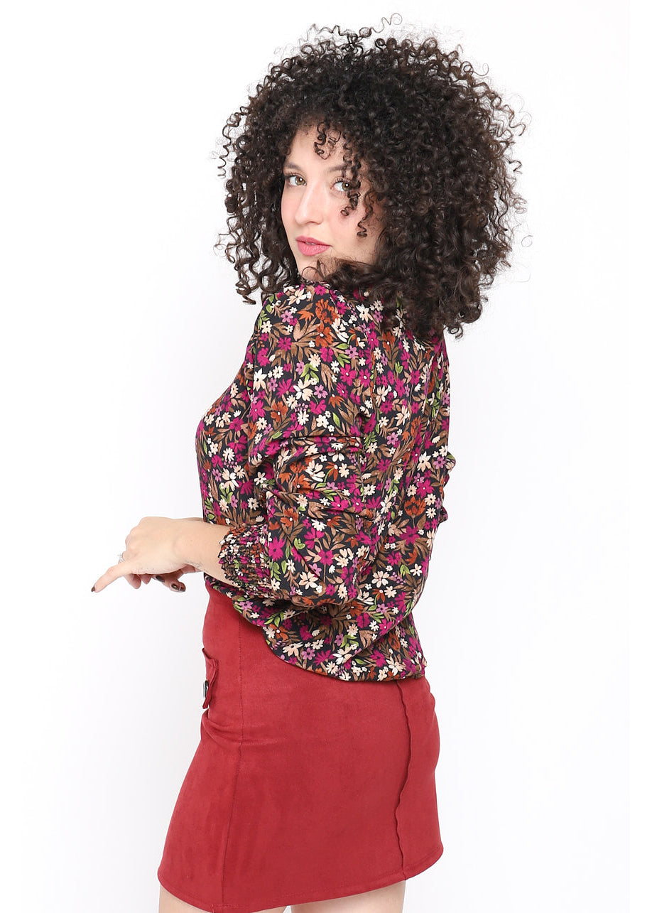 Blusa stampa floreale collo alto plissè