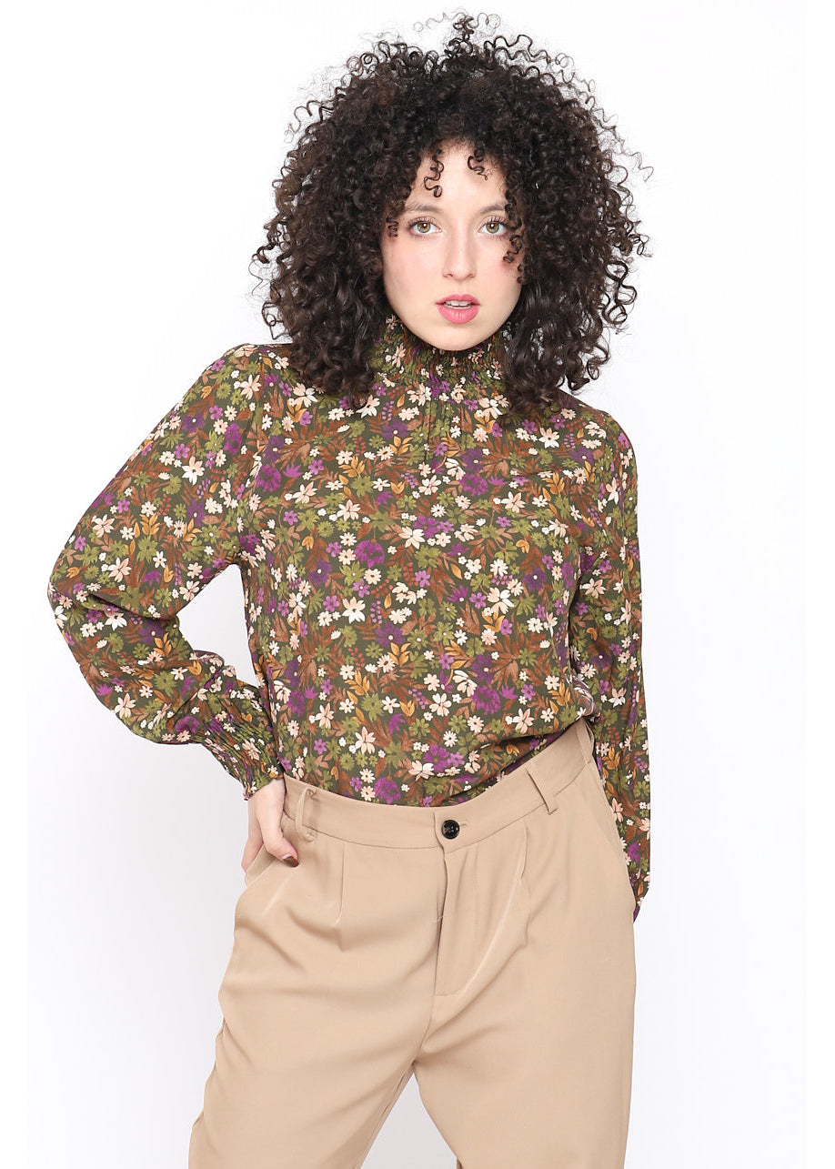 Blusa stampa floreale collo alto plissè