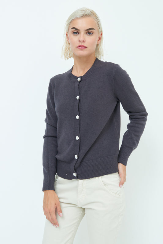 Cardigan girocollo con bottoni perline