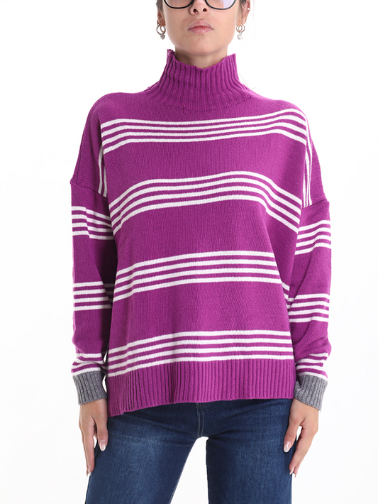 Striped patterned cashmere blend sweater with turtleneck