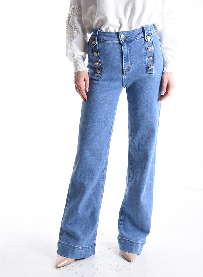 Jeans in Cotone con bottoni con  lavaggio chiaro