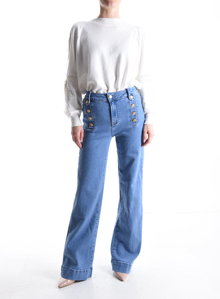 Jeans in Cotone con bottoni con  lavaggio chiaro