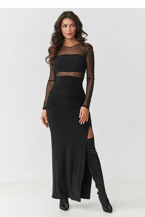 Abito lungo nero con rete trasparente - 218306