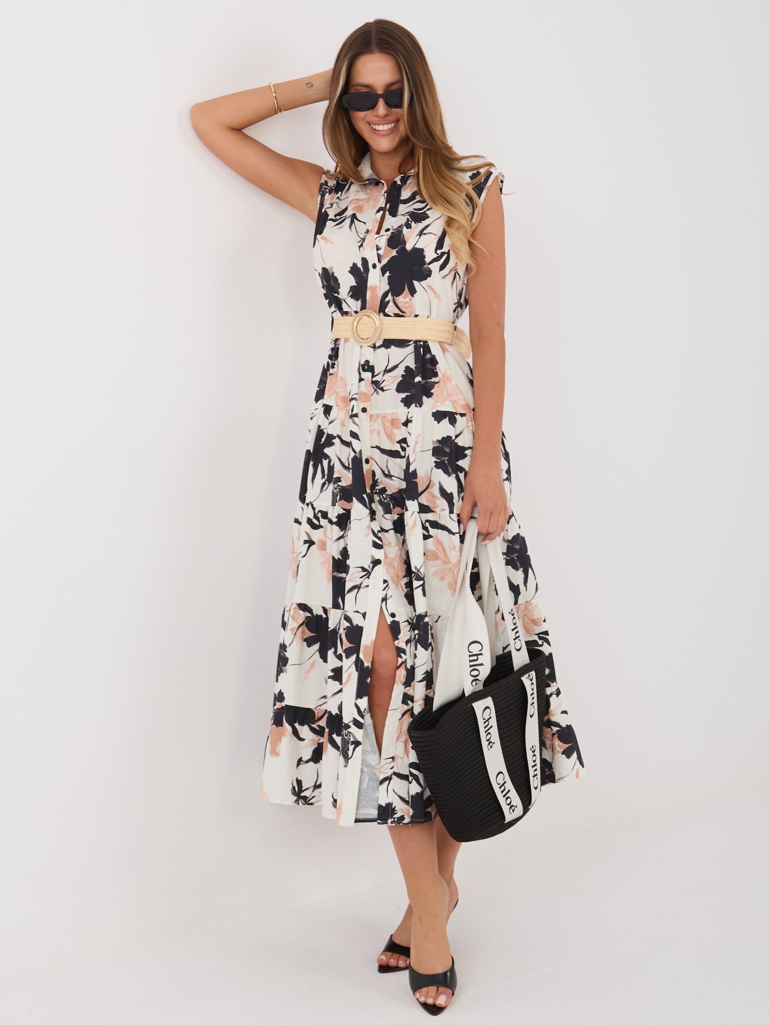 Abito Midi a Camicia in Puro Cotone con Stampa Balza