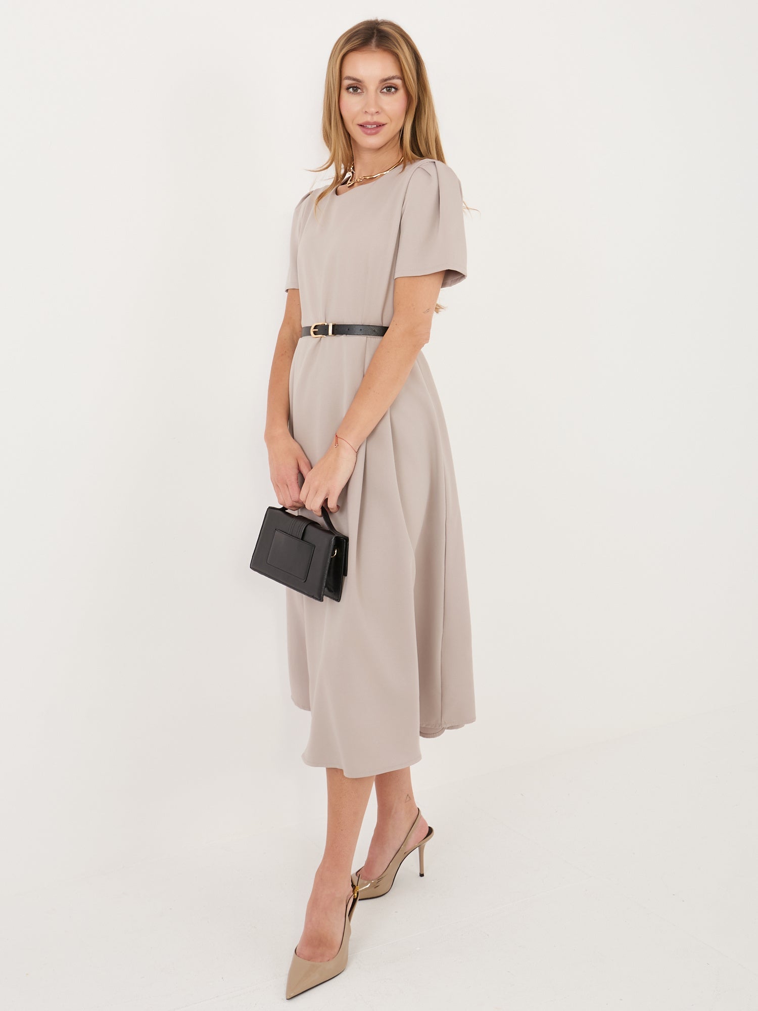 Beige / ONE SIZE Abito Midi Elegante a Ruota con Cintura