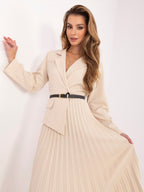 Beige 2 / ONE SIZE Abito Midi Svasato plissé con Colletto
