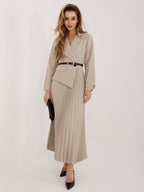 Beige / ONE SIZE Abito Midi Svasato plissé con Colletto