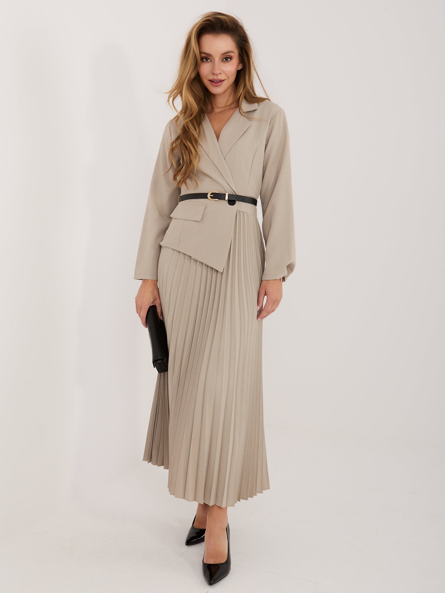 Beige / ONE SIZE Abito Midi Svasato plissé con Colletto