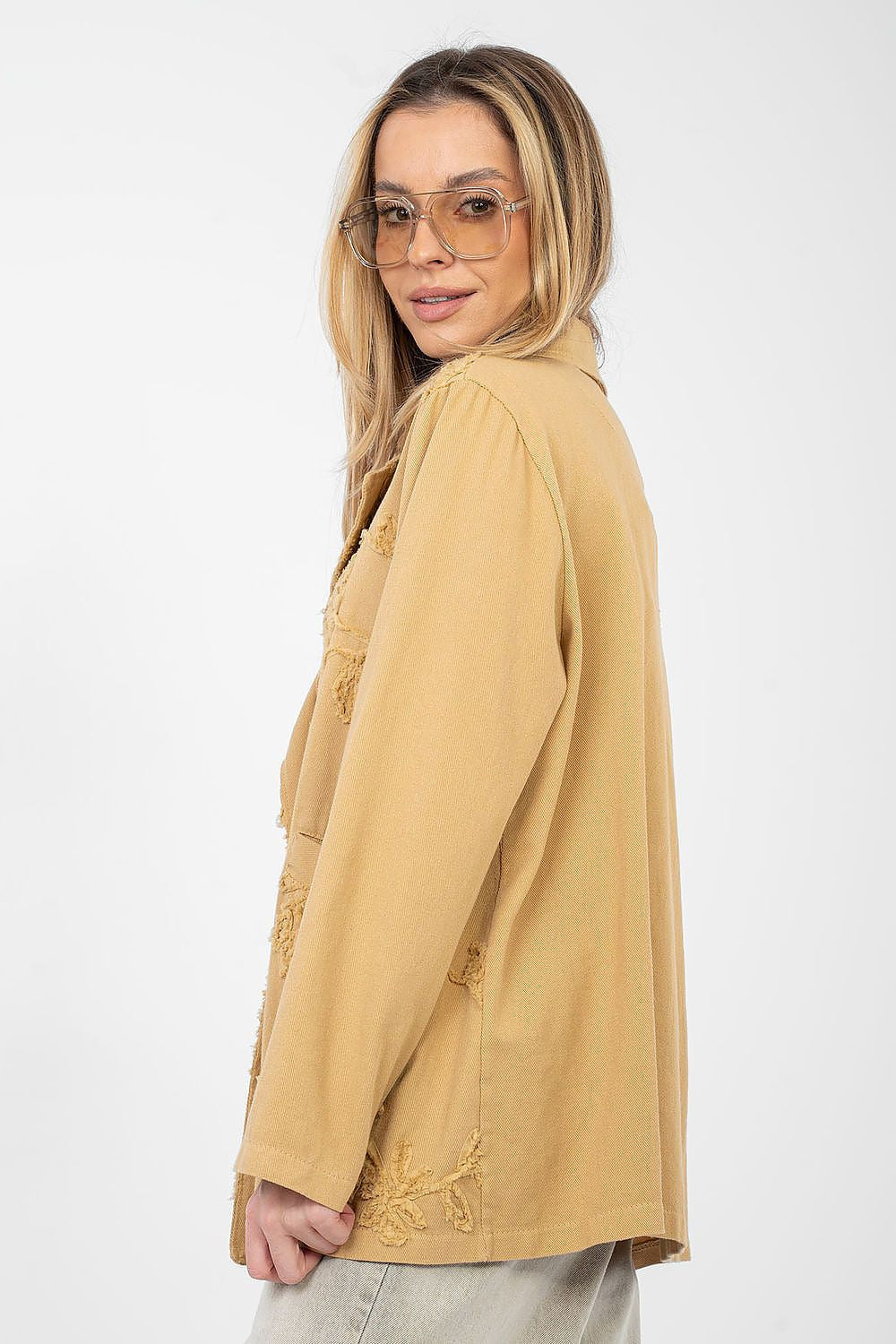Blazer casual in cotone denim con ricami floreali - LILY