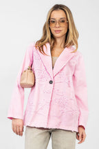 Rosa / Universale Blazer casual in cotone denim con ricami