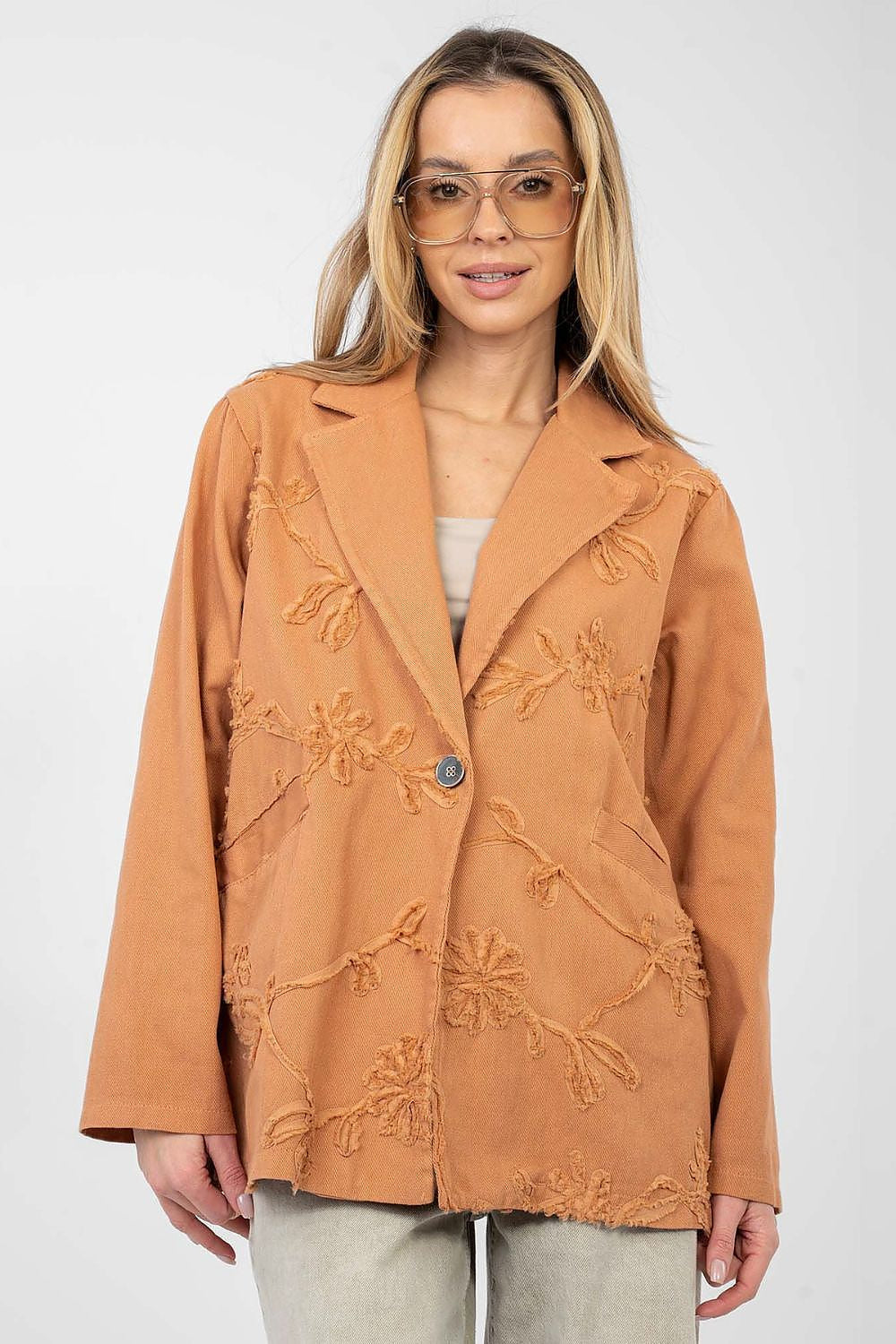 Blazer casual in cotone denim con ricami floreali - LILY