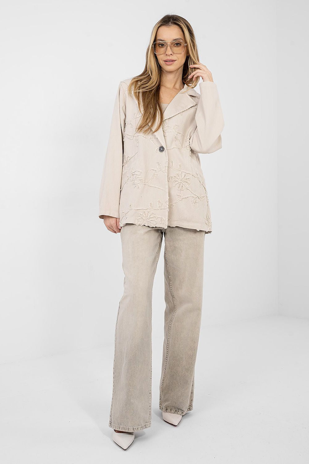 Blazer casual in cotone denim con ricami floreali - LILY