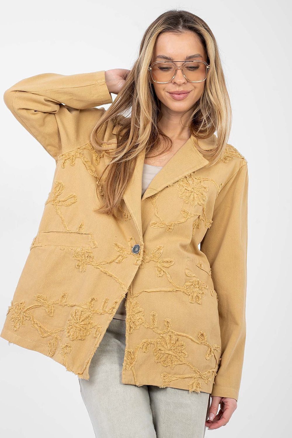 Blazer casual in cotone denim con ricami floreali - LILY