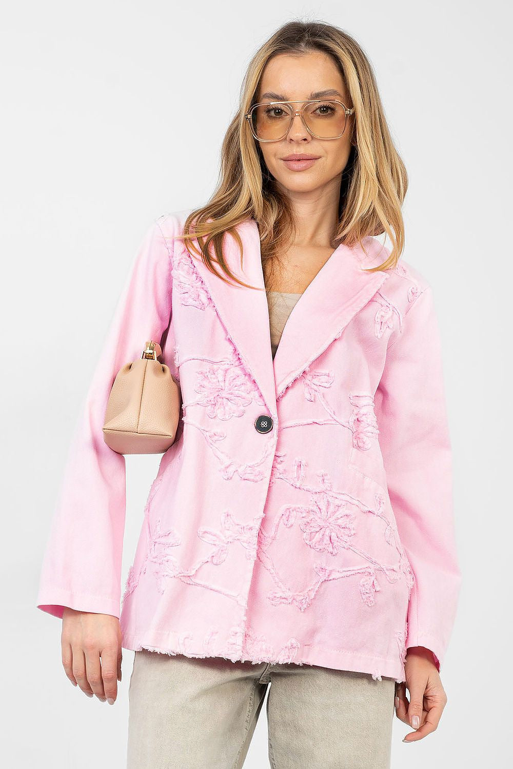 Rosa / Universale Blazer casual in cotone denim con ricami