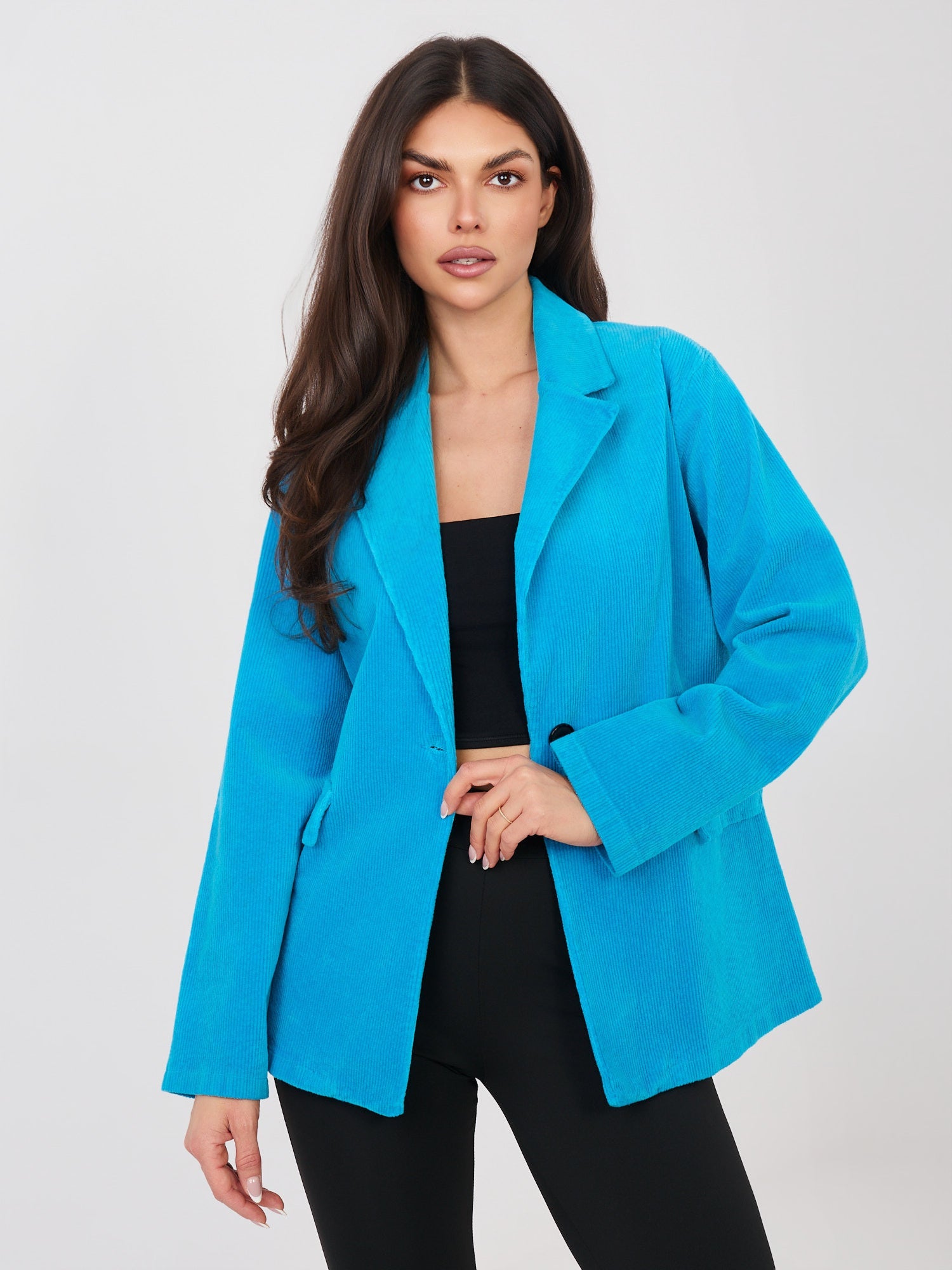 Blazer Casual in Velluto a Coste con Bottone Singolo