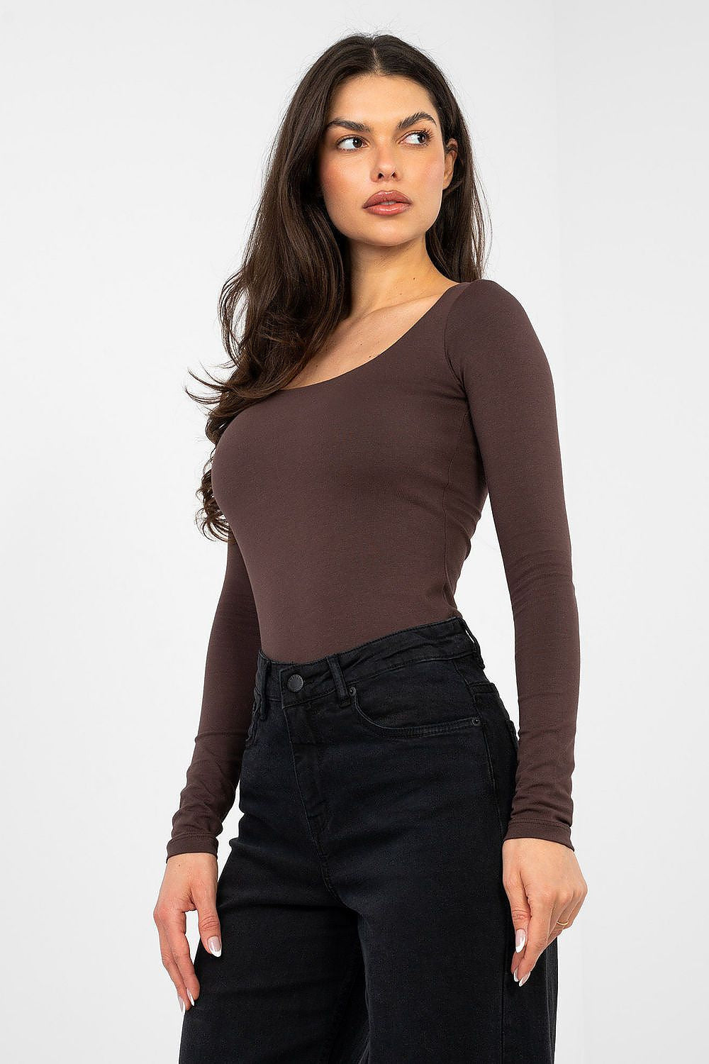 Marrone / S/M Blusa basic aderente in cotone elasticizzato