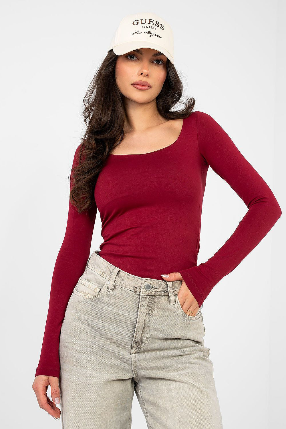 Rosso / S/M Blusa basic aderente in cotone elasticizzato