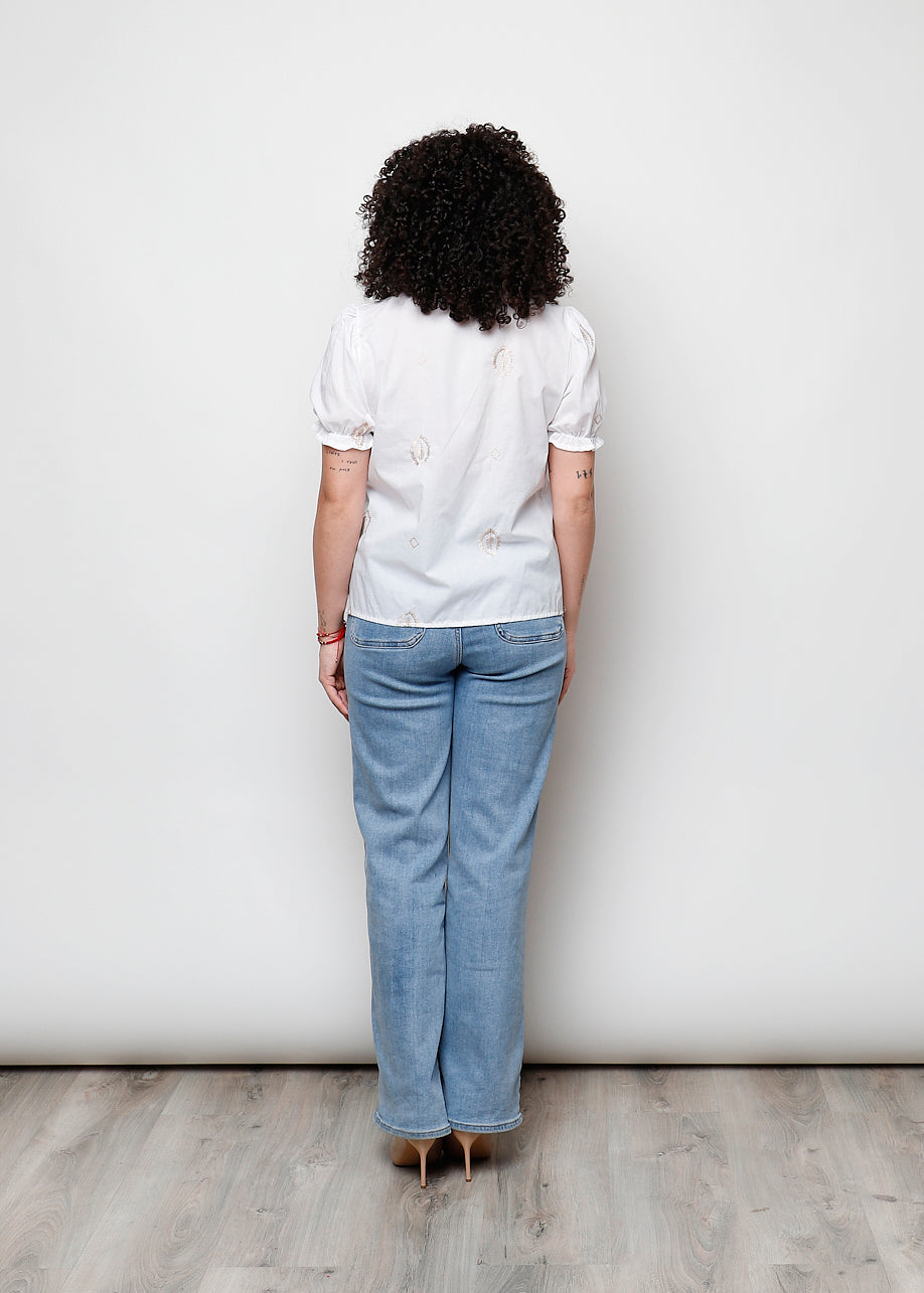 Blusa in cotone con fiocco con ricami colore beige