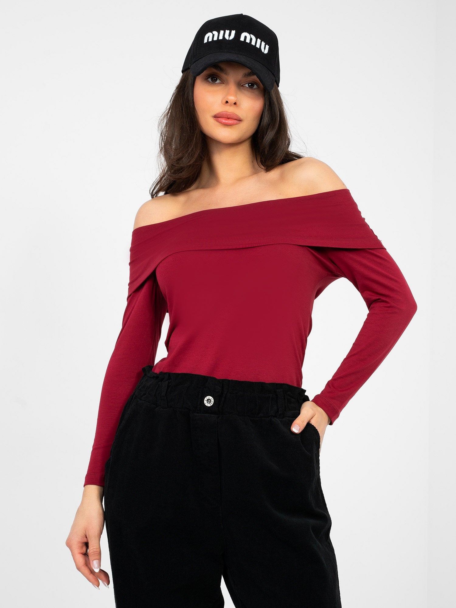 Bordeaux / S/M Blusa Fitted con Scollo Off-the-Shoulder