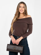 Marrone / S/M Blusa Fitted con Scollo Off-the-Shoulder
