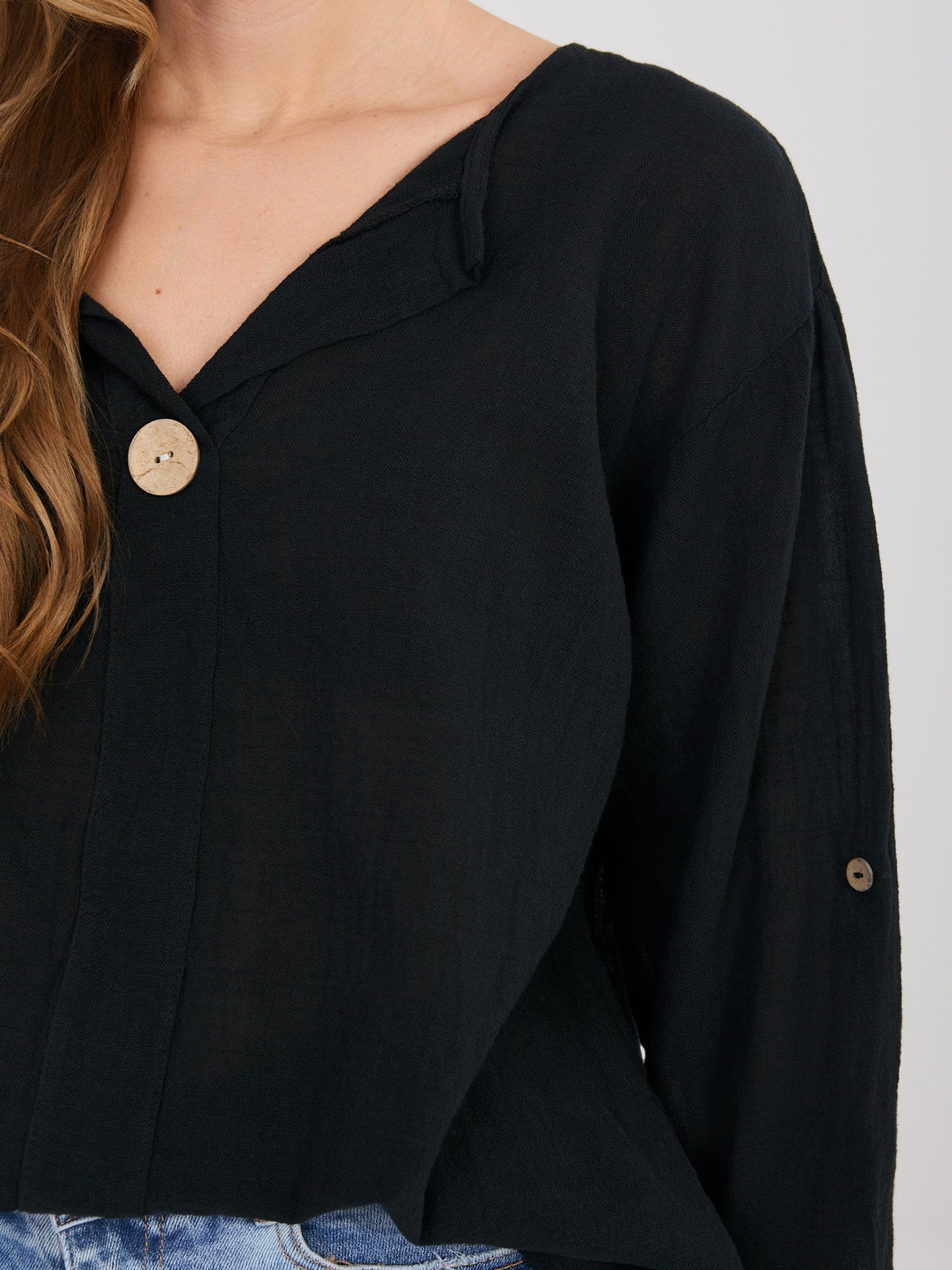 Blusa in Cotone con Scollo a V e Bottone Decorativo (Stella)