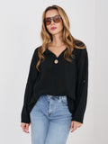 Nero / ONE SIZE Blusa in Cotone con Scollo a V e Bottone