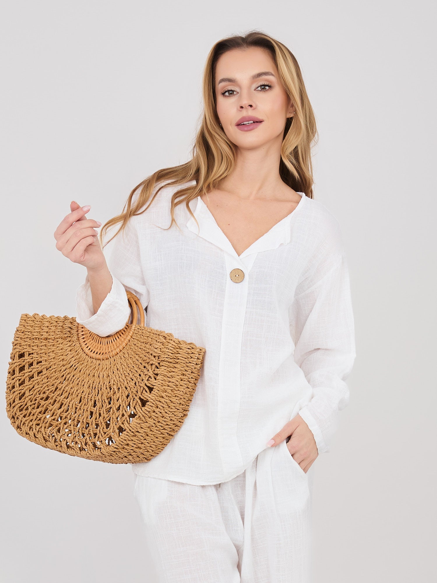 Blusa in Cotone con Scollo a V e Bottone Decorativo (Stella)