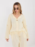 Giallo / ONE SIZE Blusa in Cotone con Scollo a V e Bottone