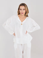 ecru / ONE SIZE Blusa in Cotone con Scollo a V e Bottone