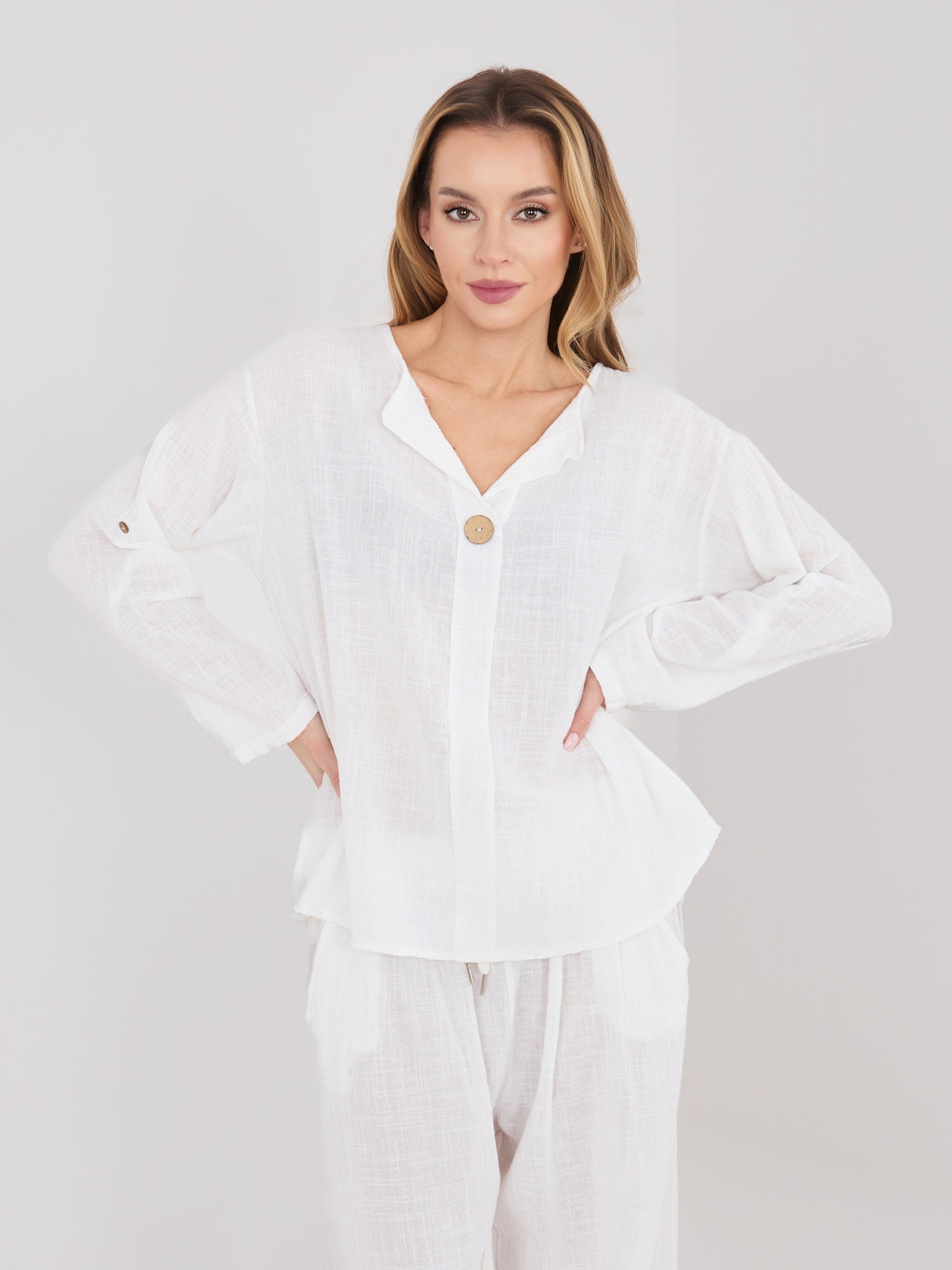 ecru / ONE SIZE Blusa in Cotone con Scollo a V e Bottone