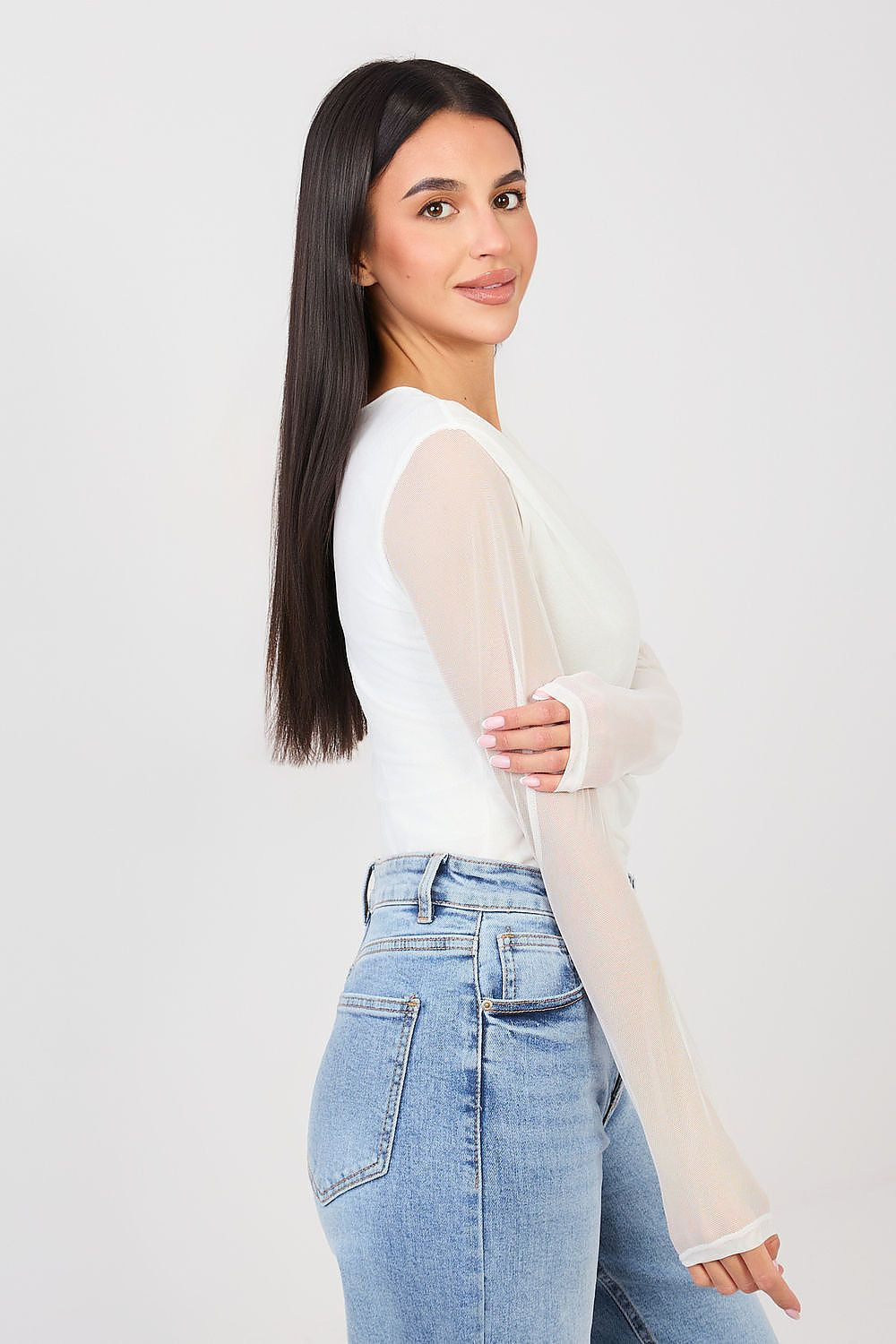 Bianco / Universale Body drappeggiato con maniche in voile