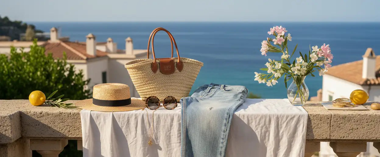 Borsa in paglia intrecciata con manici in pelle marrone e chiusura a pattina coordinata