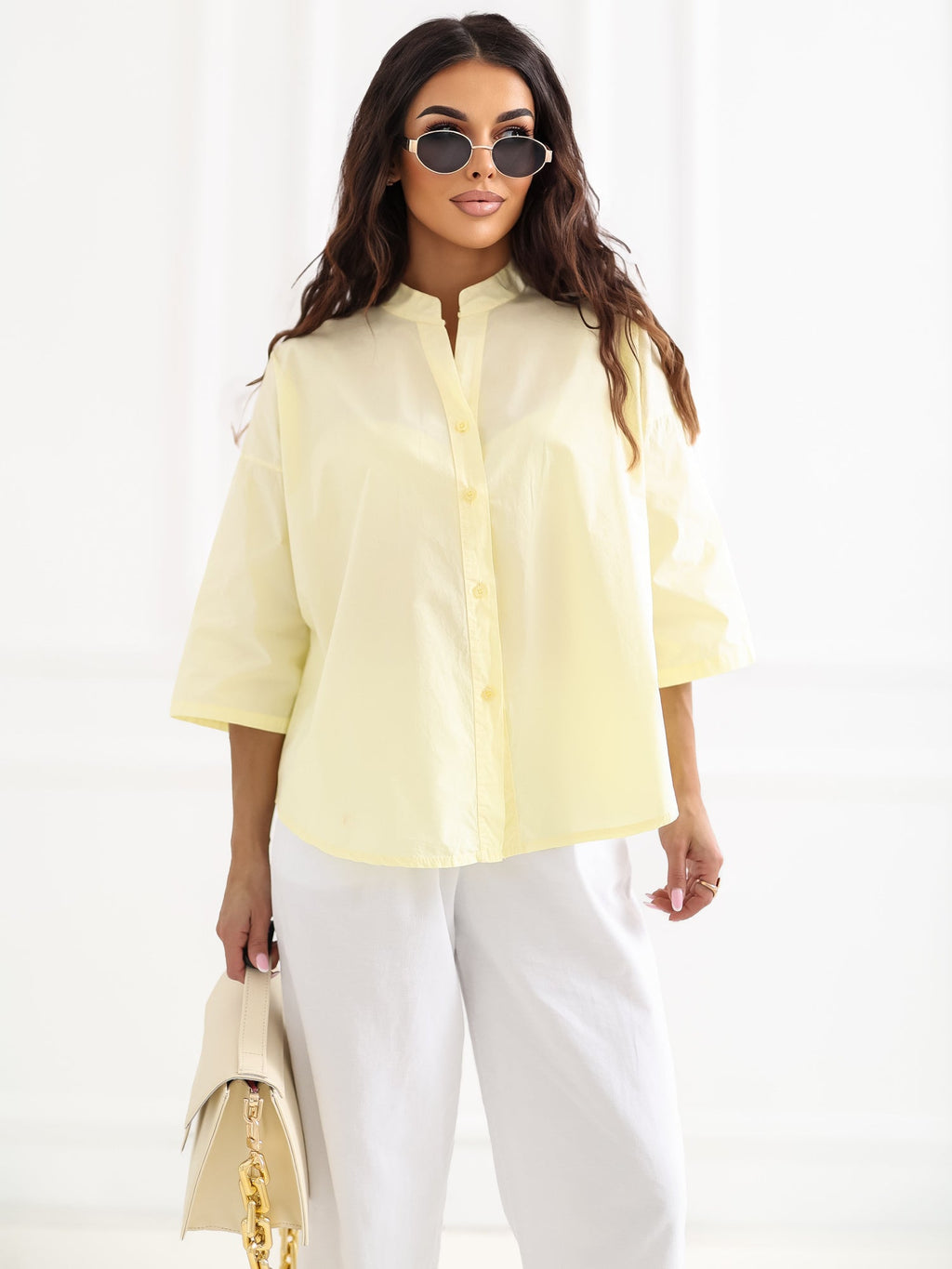 ONE SIZE / Giallo Camicia in 100% Cotone con Scollo a V