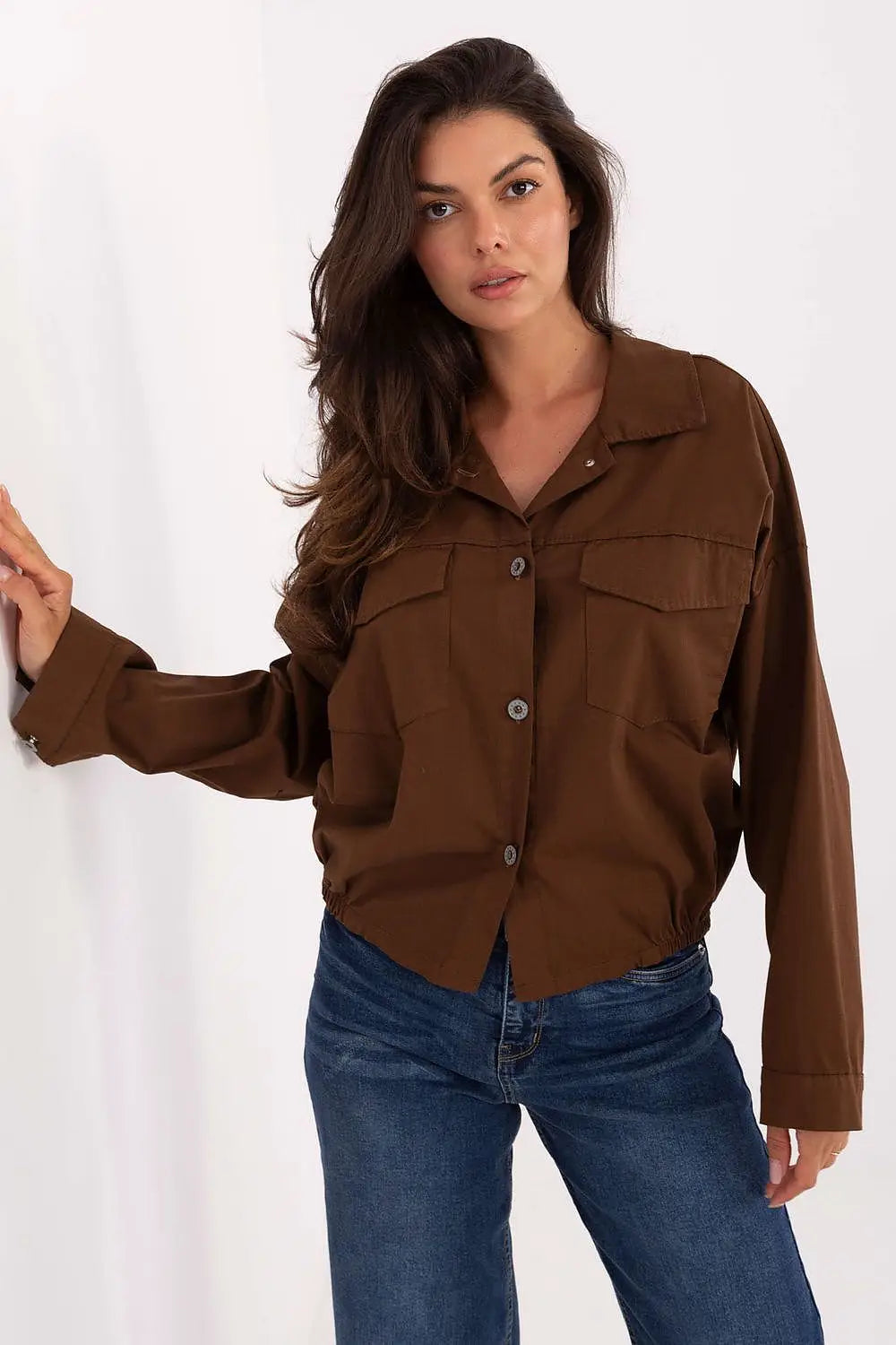 Camicia casual da donna in cotone elasticizzato con tasche