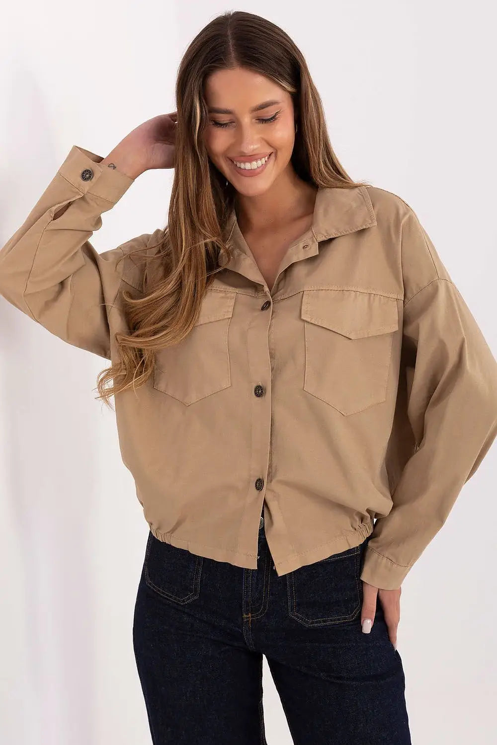 Camicia casual da donna in cotone elasticizzato con tasche