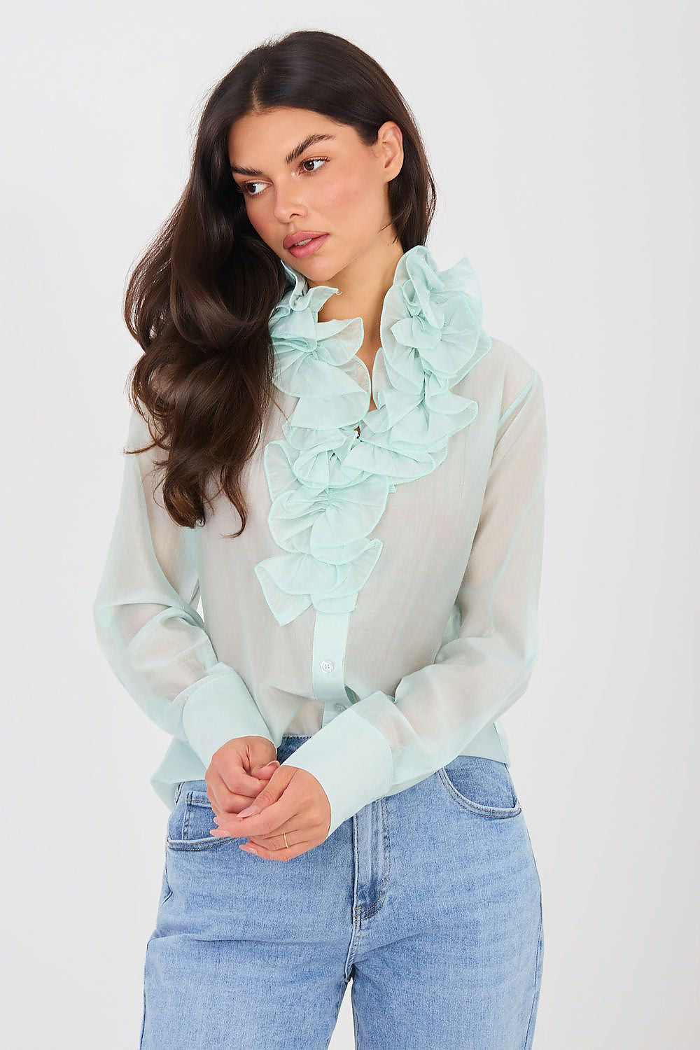 Camicia a manica lunga in tencel con collo jabot - ISABELLA