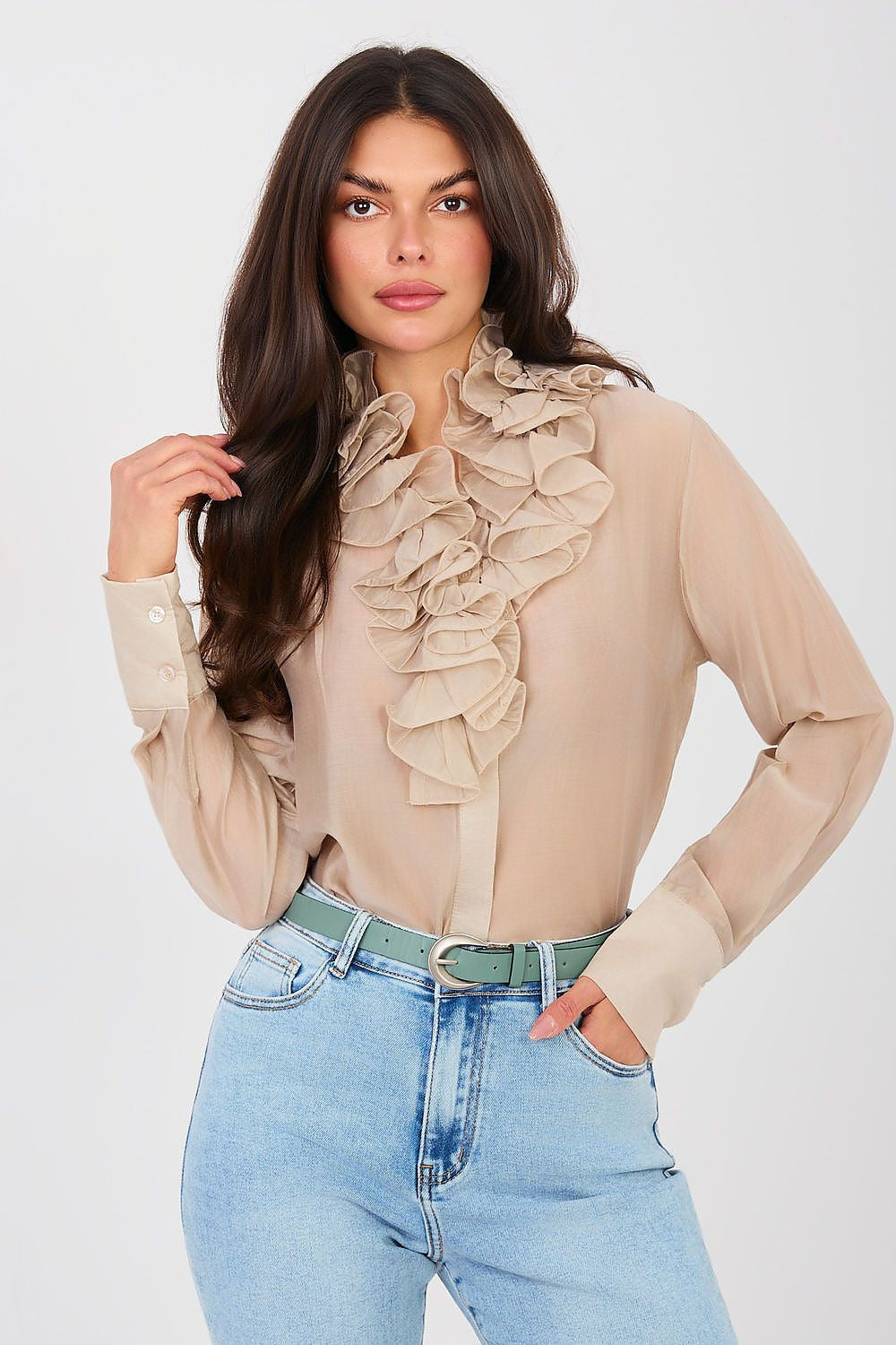 Camicia a manica lunga in tencel con collo jabot - ISABELLA