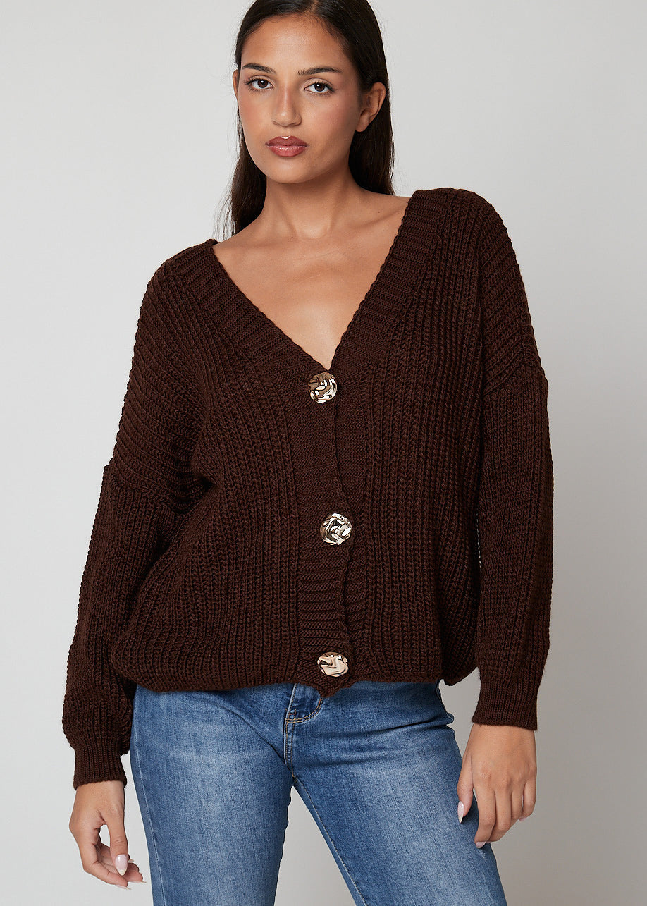 Marrone / Taglia unica Cardigan basic con bottoni dorati