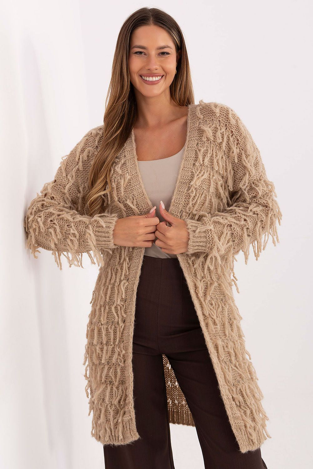 Beige / Universale Cardigan da donna lungo con frange
